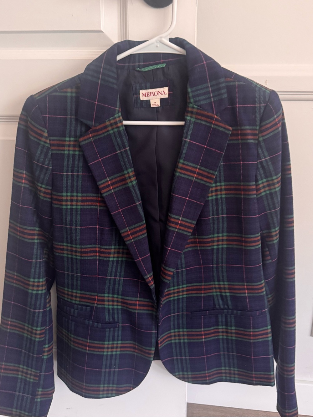 Merona Navy Plaid Blazer with Green and Red Accents